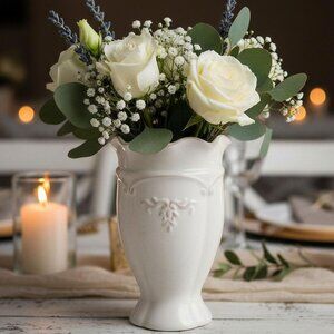 White Ceramic Flower Vase 6.8 Inch Small French Vintage Home Table Decor